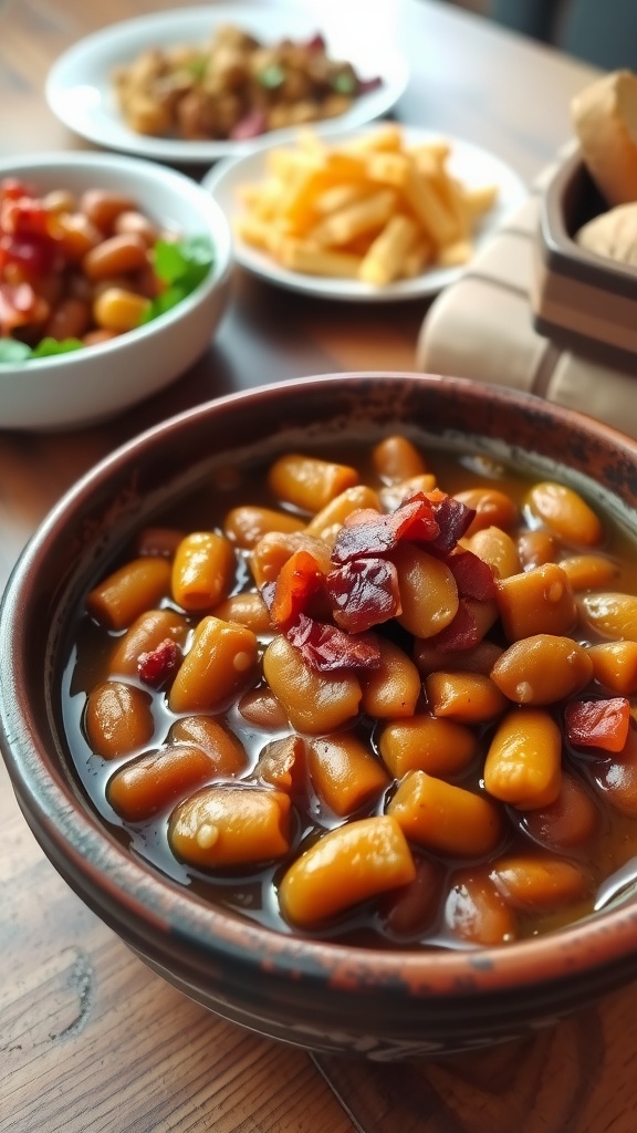 A bowl of baked beans topped with bacon, served on a rustic wooden table.